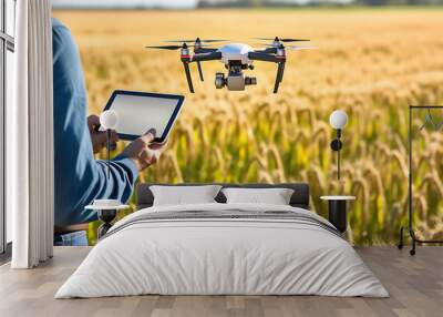 Drone quad copter with high resolution digital camera on green cornfield, Generative AI Wall mural