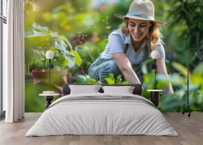 a young woman enjoying gardening in sunny day Wall mural