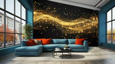 Abstract beautiful gold glittering line with glow of light effect on black background. Wall mural