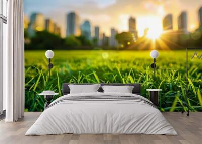 close up of green grass with blur city skyline Wall mural