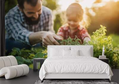 father and daughter working together in the garden, growing fresh vegetables  Wall mural