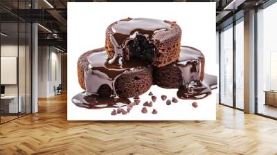 molten chocolate lava cakes with dripping chocolate sauce and crumbs isolated png transparent background Wall mural