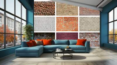 A collage of many pictures with fragments of brick walls of different colors close-up. Set of images with varieties of brickwork Wall mural