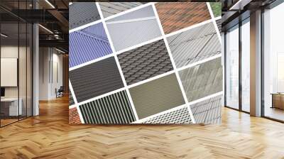 A collage of many pictures with fragments of various types of roofing close up. A set of images with roof coating textures Wall mural