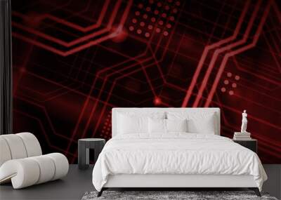 An abstract technological background consisting of a multitude of luminous guiding lines and dots forming a kind of physical motherboard. Red color Wall mural