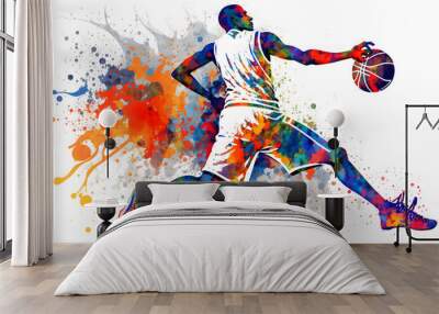 Basketball watercolor splash player in action with a ball isolated on white background. Neural network AI generated art Wall mural