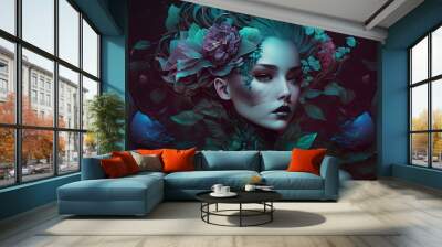 Beautiful fantasy flower nymph. Floral woman. Neural network AI generated art Wall mural