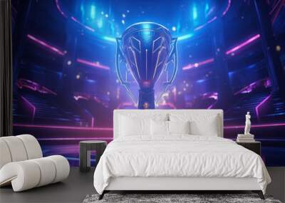 Blue cybersport cup for winner and champion stands in blue modern room. Neural network ai generated art Wall mural