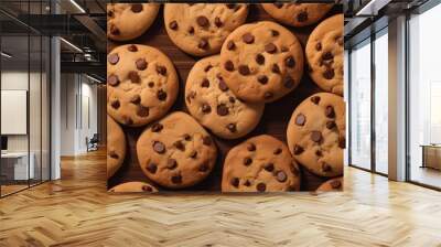 Chocolate chip cookies with melting chocolate, top shot on brown paper. Neural network ai generated art Wall mural