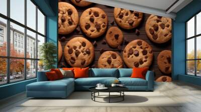 Chocolate chip cookies with melting chocolate, top shot on brown paper. Neural network ai generated art Wall mural