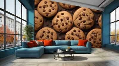 Chocolate chip cookies with melting chocolate, top shot on brown paper. Neural network ai generated art Wall mural