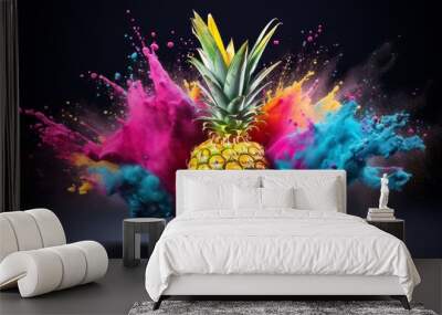 Colored powder exploding out of a pineapple on dark background. Neural network ai generated art Wall mural