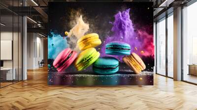 Colorful macarons with bright sugar powder explosion moment on black background. Neural network AI generated art Wall mural