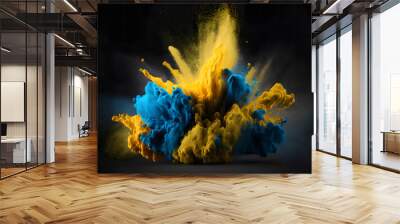 Explosion of yellow and blue color paint powder on black background. Neural network AI generated art Wall mural