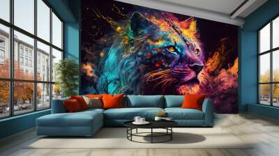 Fairytale multicolored space wild cat. Fairy animals concept. Neural network AI generated Wall mural