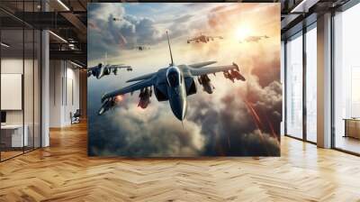 fighter jet at a beautiful sunset in the sky. Neural network AI generated art Wall mural