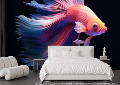 Golden fish in blue neon colors on black background. Neural network ai generated art Wall mural