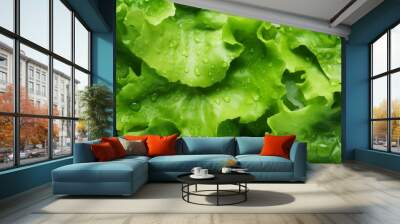 Green lettuce salad leaves and water drops close up image. Neural network ai generated art Wall mural