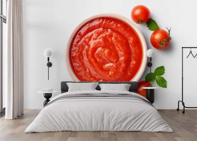 Homemade tomato sauce in bowl isolated on white, top view. Neural network ai generated art Wall mural