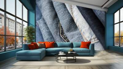 Many jeans in stack in wardrobe room. Row of pants denim jeans in closet. Concept of buy, sell, shopping and fashionable clothes Wall mural