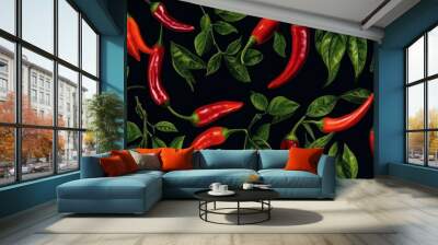 mexican hot pepper chili, slices, halves, crushed pieces and branch. Neural network AI generated art Wall mural