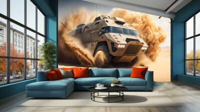 Military armored car rides in the desert. Neural network AI generated art Wall mural