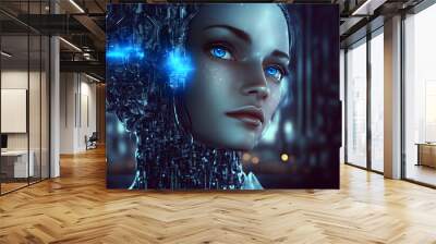 Modern futuristic female humanoid robot portrait with technology details on face. Neural network generated art Wall mural