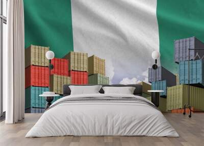 Nigeria flag and big stack of shipping cargo containers in docks with sky background close up Wall mural