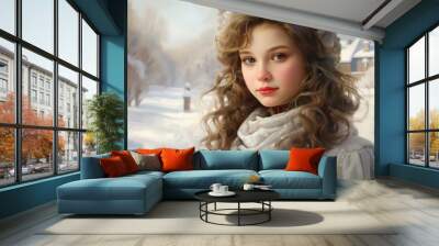 Outdoor close up portrait of young beautiful happy girl in winter. Neural network ai generated art Wall mural