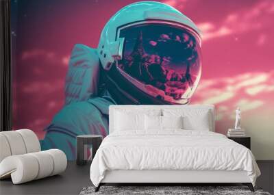 Peaceful galaxy astronaut man in space suit inside softly glowing pink and blue galactic cloud. Neural network ai generated art Wall mural