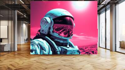 Peaceful galaxy astronaut man in space suit inside softly glowing pink and blue galactic cloud. Neural network ai generated art Wall mural