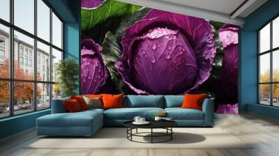 Pile of fresh red cabbage with glistening droplets of water. Advertising photography. Neural network ai generated art Wall mural