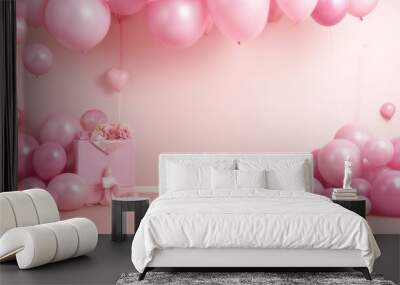 Pink interior with helium baloons and pastel colors. Neural network ai generated art Wall mural