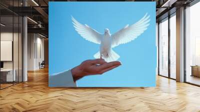 Praying hands and white dove flying happily on blurred background. Neural network ai generated art Wall mural