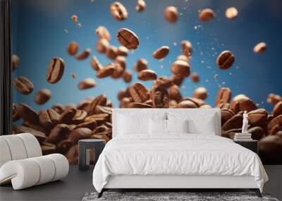 Roasted coffee beans falling on heap against brown background. Neural network ai generated art Wall mural