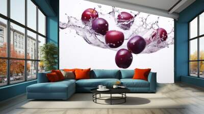 Splash of water and few purple plums on white background. Neural network ai generated art Wall mural