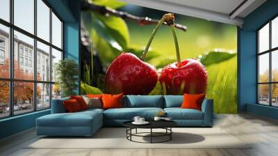 Sweet cherry with dew drops on green grass. Neural network ai generated art Wall mural