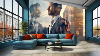 The double exposure image of the business man in city. Neural network AI generated art Wall mural