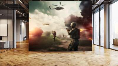 Vietnam war with helicopters and explosions. Neural network AI generated art Wall mural