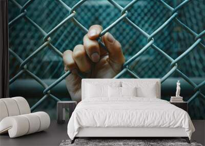 a hand is holding a chain link fence with a hand holding Wall mural