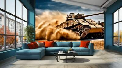 A Close Up Look at the Power and Destruction of a World War II Tank Firing Shell. AI Generative Wall mural