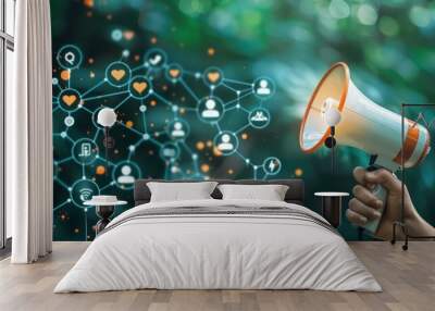 A hand holding a megaphone with glowing social media icons and people symbols on a dark green background, concept of marketing or advertising a social network service. Wall mural