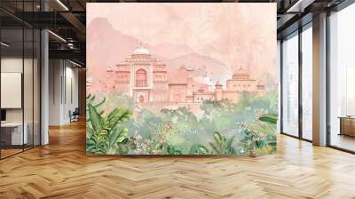 A pastel light pink and green wedding invitation card with an Indian palace in the background, a peacock bird, plants and flowers, and watercolor painting with muted colors Wall mural