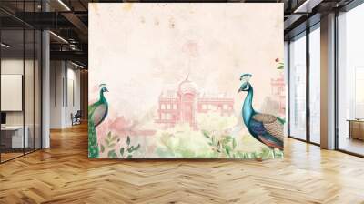 A pastel light pink and green wedding invitation card with an Indian palace in the background, a peacock bird, plants and flowers, and watercolor painting with muted colors Wall mural