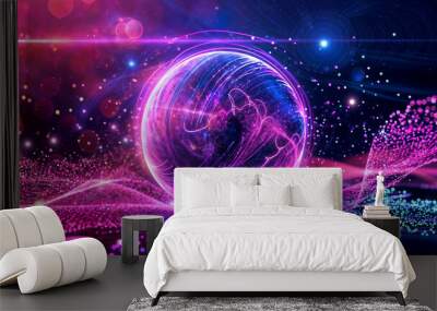 An abstract neon energy sphere composed of particles and waves, glowing magically on a dark background. Circle and loop frames with mystical purple and pink flames and sparks isolated on the backgroun Wall mural