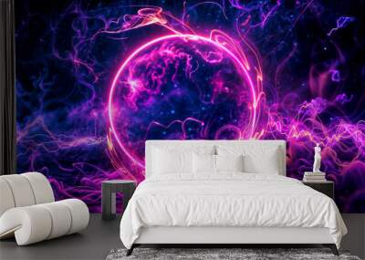 An abstract neon energy sphere composed of particles and waves, glowing magically on a dark background. Circle and loop frames with mystical purple and pink flames and sparks isolated on the backgroun Wall mural