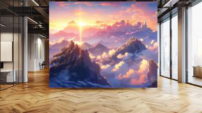 An enchanting anime landscape of a mist-covered mountain range during sunrise Wall mural