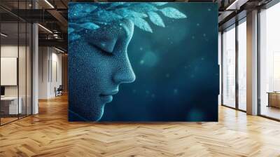 art of beautiful glowing womans face in eyes closed with wavy hair pattern Wall mural