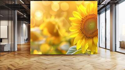 Beautiful sunflower in the field on blurred background with copy space, summer concept Wall mural