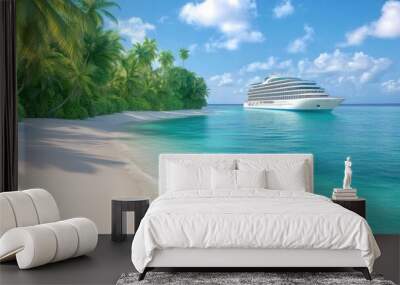 big cruise ship at a tropical beach with blue sky background Wall mural